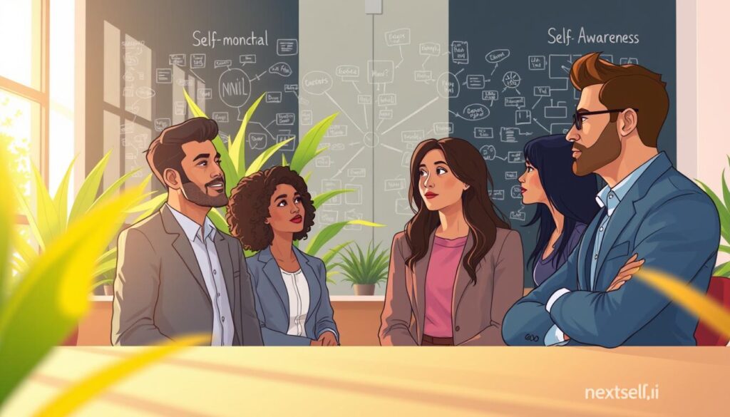 Four colleagues in business attire in conversation in a sunlit office, a wall of mind maps and notes behind them and green plants by a tall glass window.