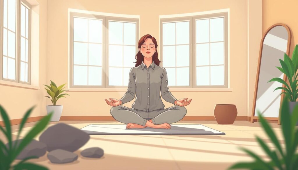 A practitioner sitting cross-legged on a yoga mat in a sunlit studio, eyes closed in meditation, with smooth stones and a potted plant on the floor beside her.